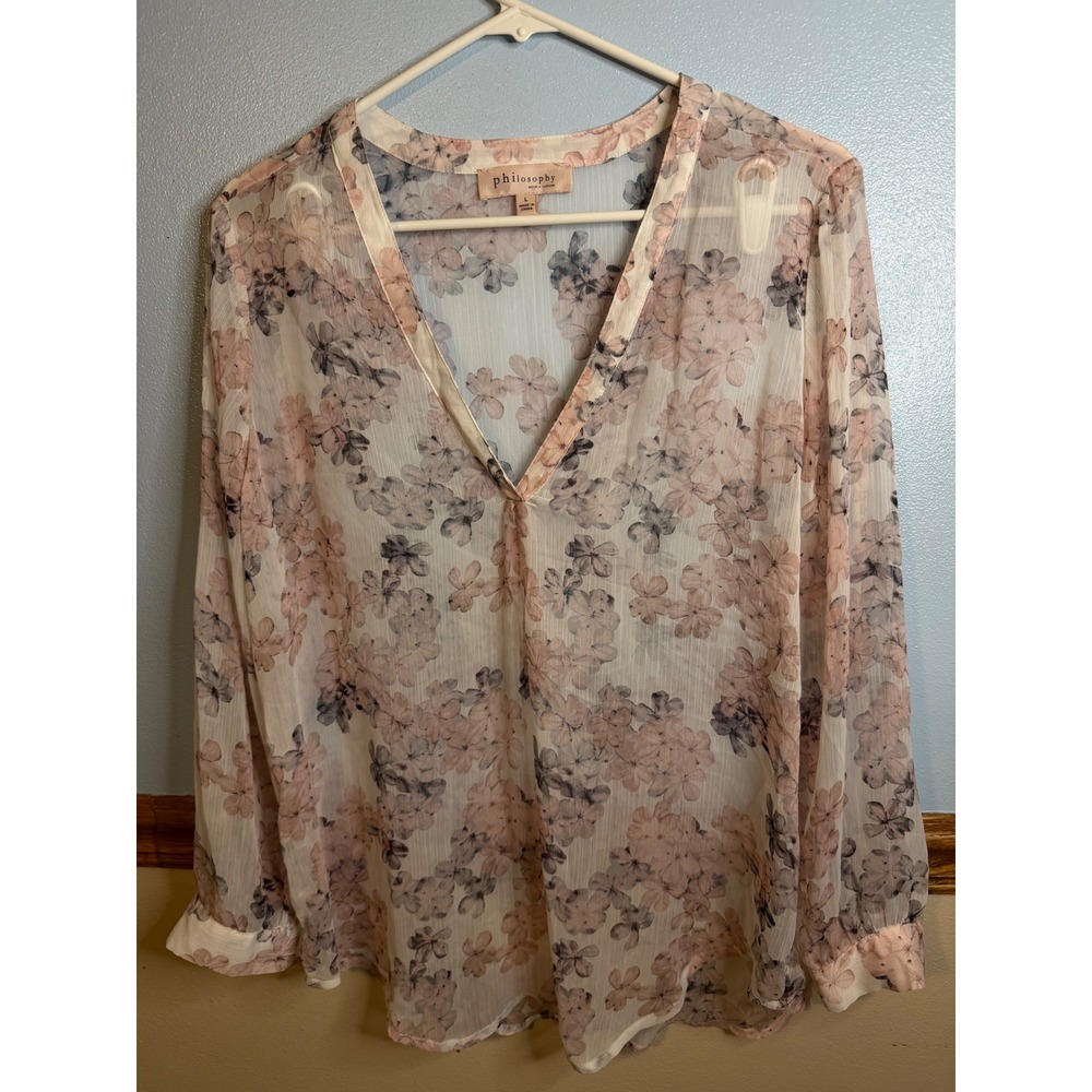 Philosophy Republic Clothing Floral V-Neck Sheer Blouse Pink Cream Large